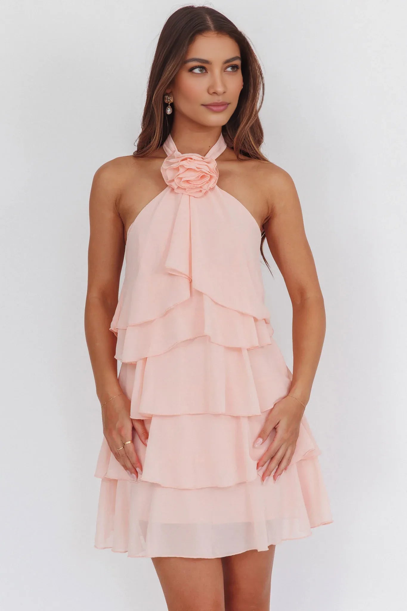 Flowy Tiered Halter Neck Sleeveless Chiffon Party Dress Mini Cocktail Dress With Rosage
