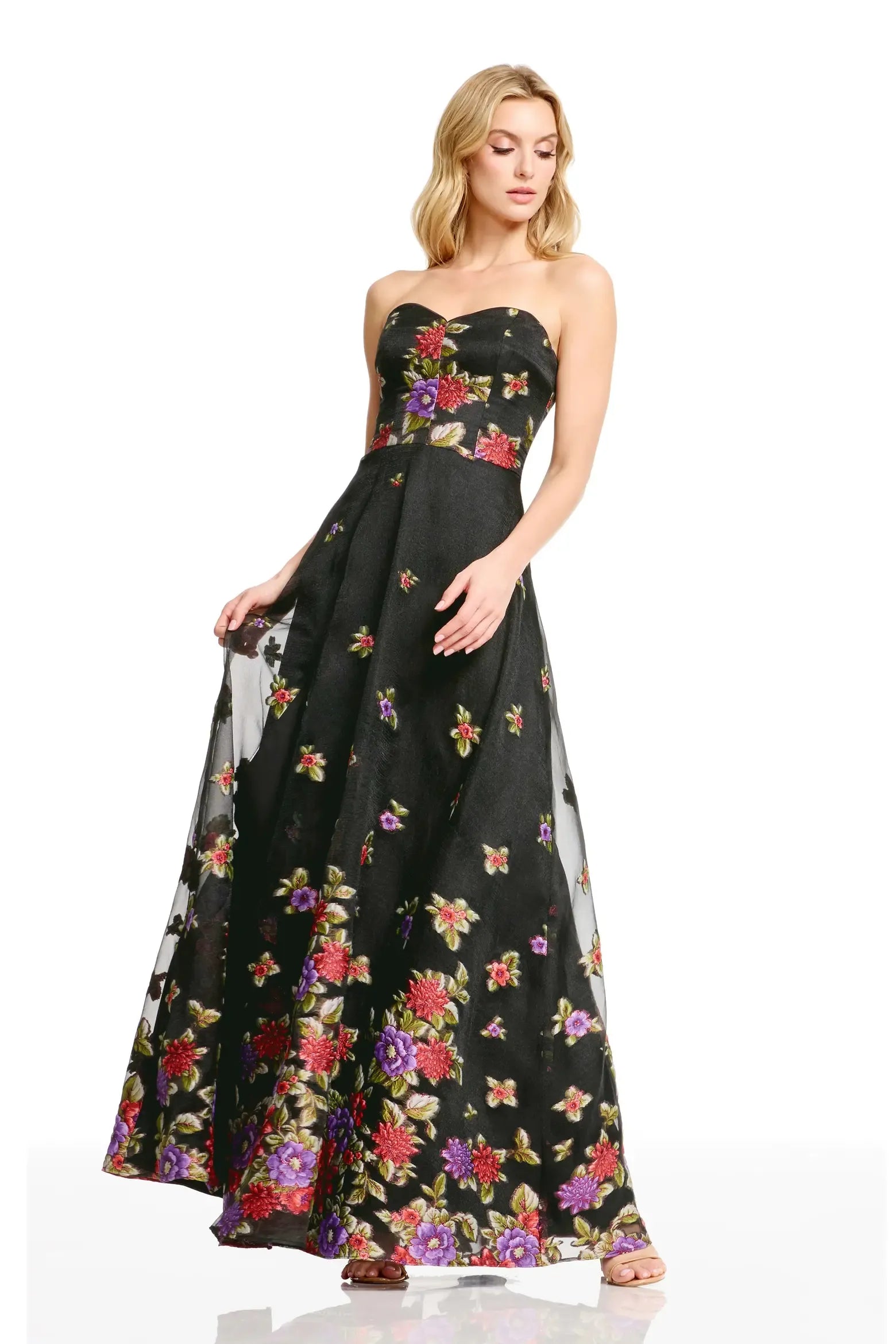 Flowy A-Line Strapless Sweetheart Neck Floral Embroidery Organza Floor-Length Maxi Evening Dress