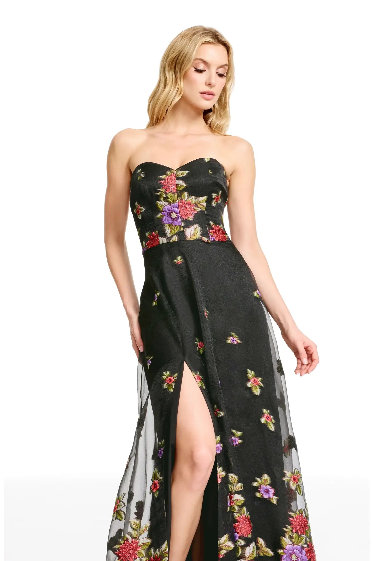 Flowy A-Line Strapless Sweetheart Neck Floral Embroidery Organza Floor-Length Maxi Evening Dress