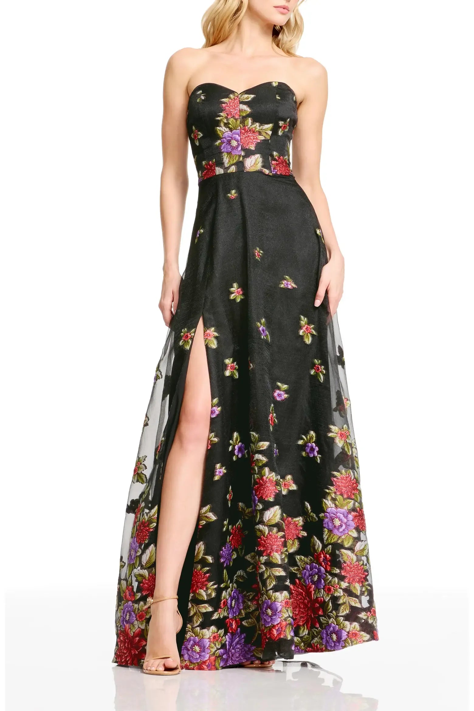 Flowy A-Line Strapless Sweetheart Neck Floral Embroidery Organza Floor-Length Maxi Evening Dress