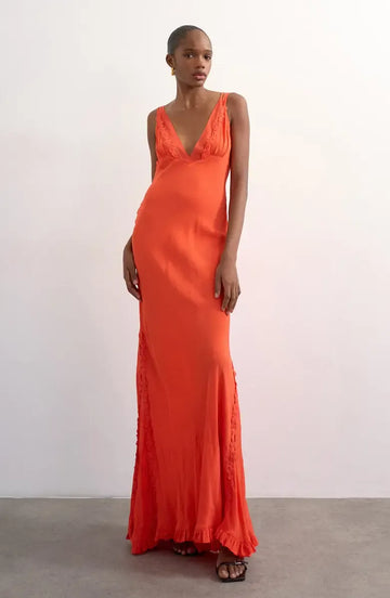 Flowy Mermaid Deep V Spaghetti Strap Satin Ruffle Trim Cowl Back Floor-Length Maxi Evening Dress