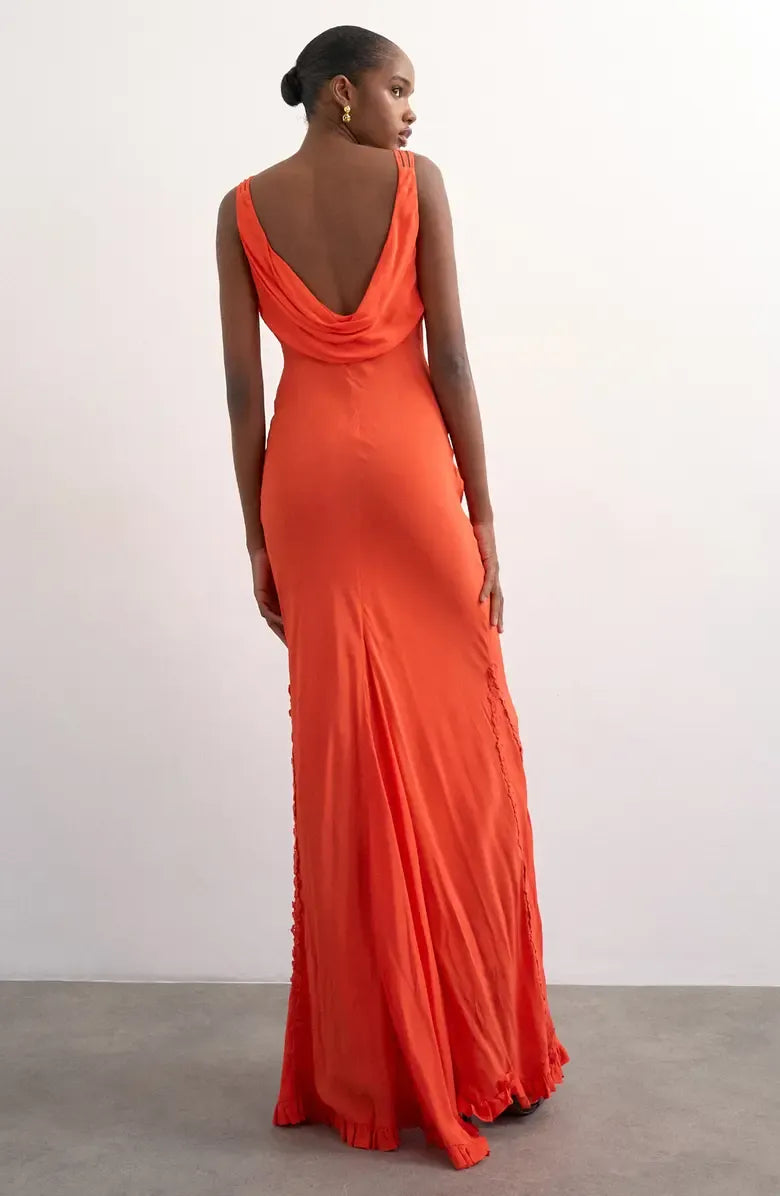 Flowy Mermaid Deep V Spaghetti Strap Satin Ruffle Trim Cowl Back Floor-Length Maxi Evening Dress