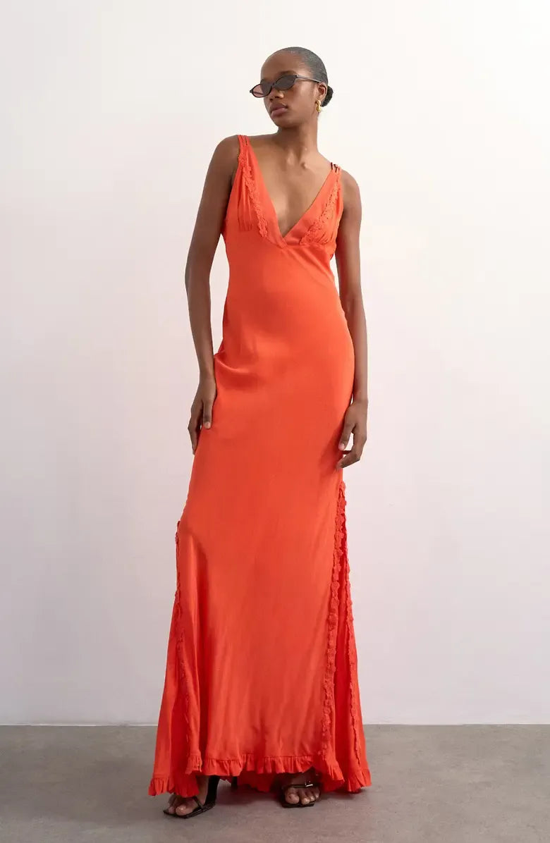 Flowy Mermaid Deep V Spaghetti Strap Satin Ruffle Trim Cowl Back Floor-Length Maxi Evening Dress