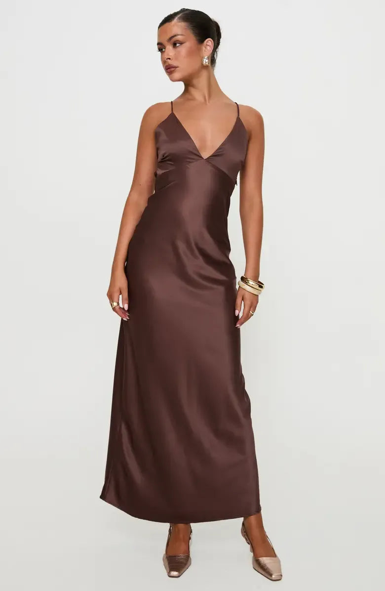 Flowy Slip V-Neck Thin Spaghetti Strap Satin Self Tie Open Back Floor-Length Maxi Evening Dress