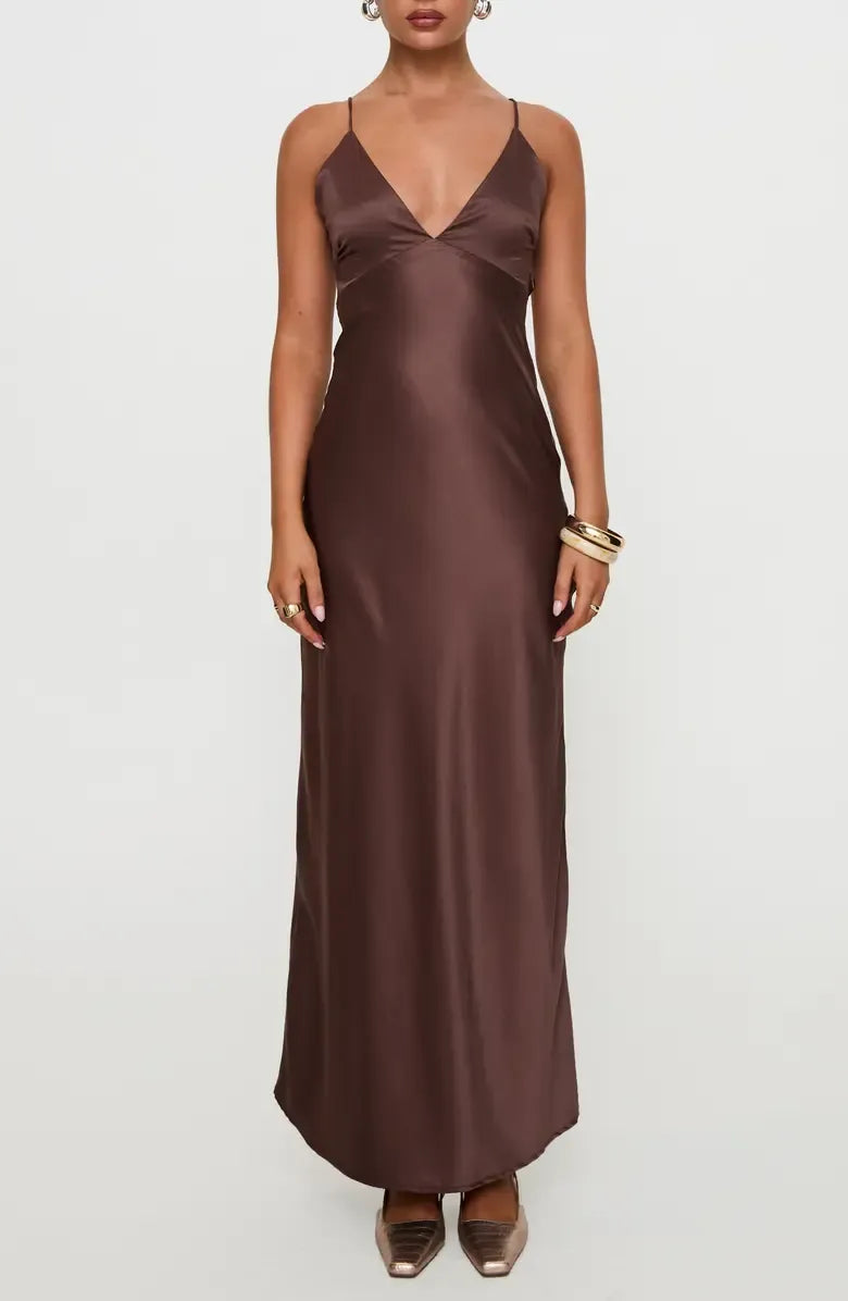 Flowy Slip V-Neck Thin Spaghetti Strap Satin Self Tie Open Back Floor-Length Maxi Evening Dress