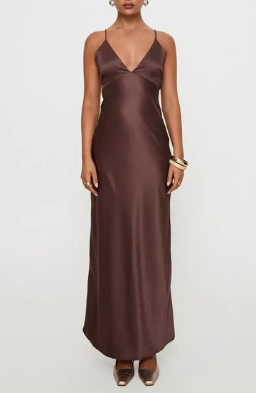 Flowy Slip V-Neck Thin Spaghetti Strap Satin Self Tie Open Back Floor-Length Maxi Evening Dress