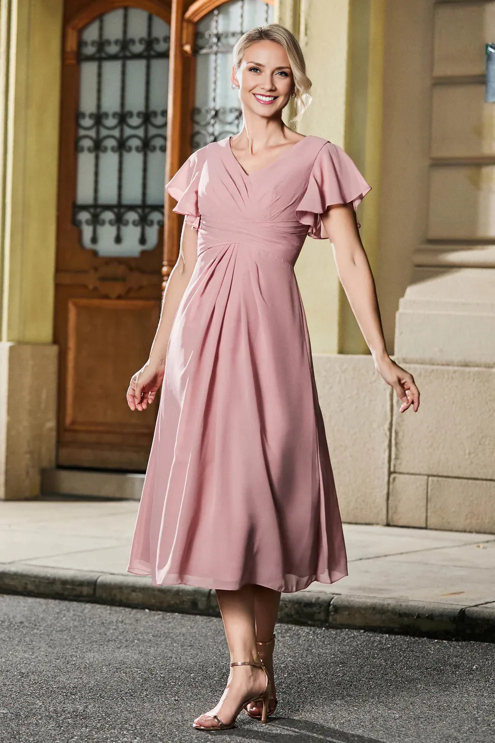 Flutter Sleeve A-Line V-Neck Chiffon Mother of the Bride Dress Midi Dress with Ruched Waist