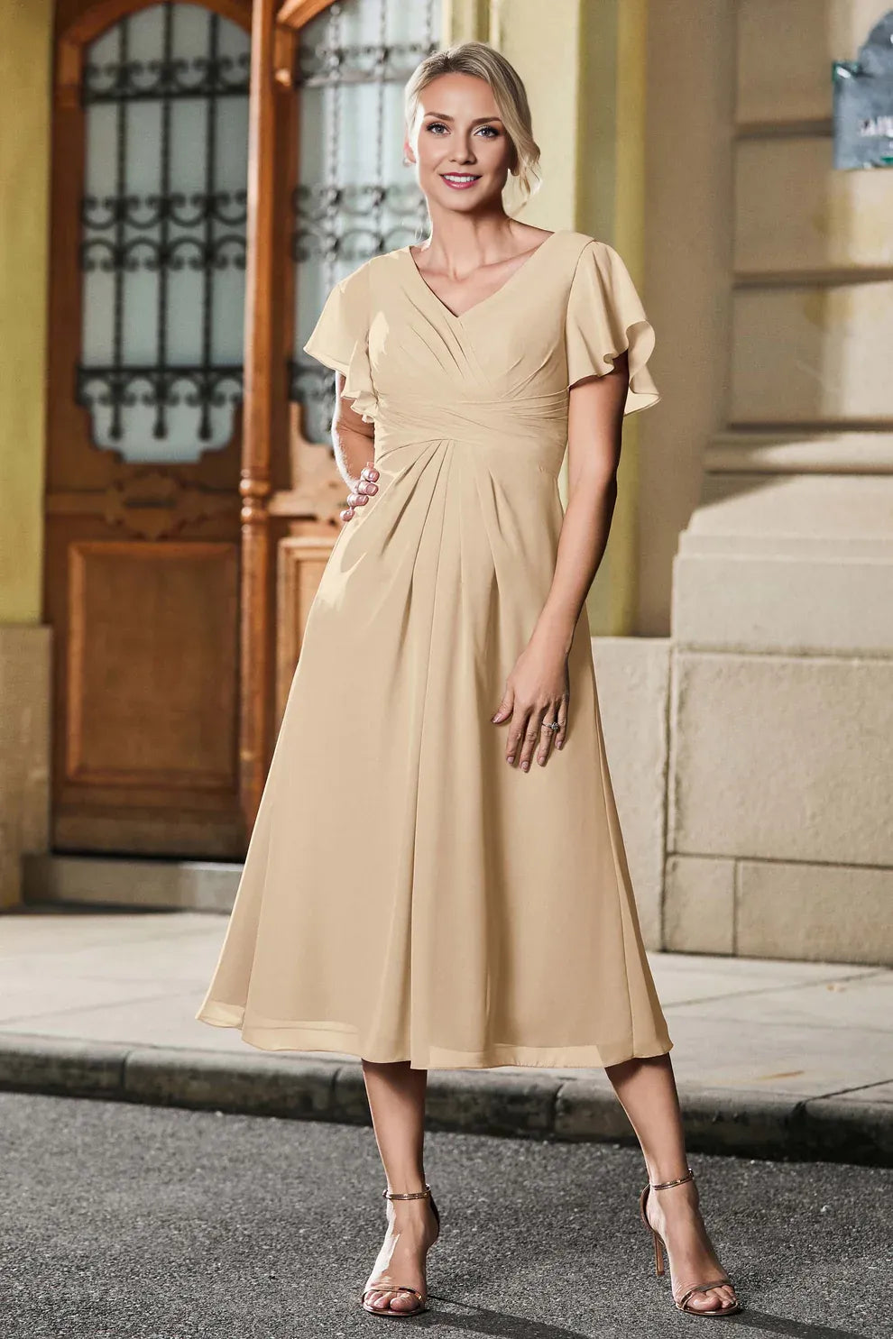 Flutter Sleeve A-Line V-Neck Chiffon Mother of the Bride Dress Midi Dress with Ruched Waist
