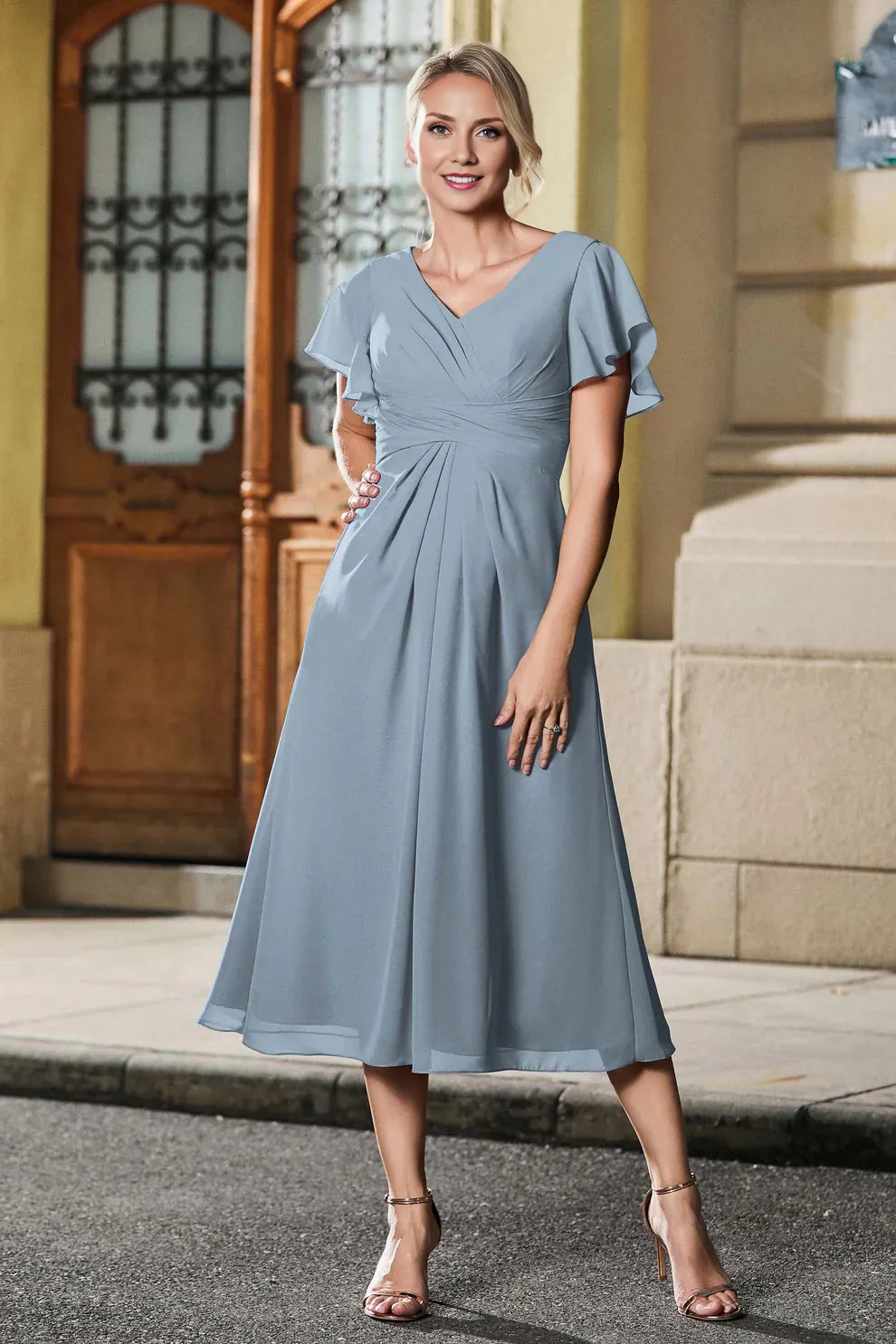 Flutter Sleeve A-Line V-Neck Chiffon Mother of the Bride Dress Midi Dress with Ruched Waist
