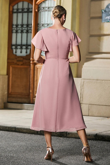Flutter Sleeve A-Line V-Neck Chiffon Mother of the Bride Dress Midi Dress with Ruched Waist