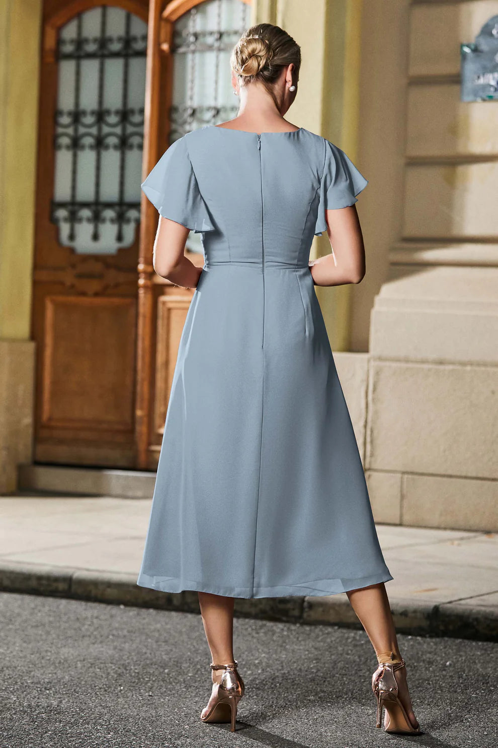 Flutter Sleeve A-Line V-Neck Chiffon Mother of the Bride Dress Midi Dress with Ruched Waist