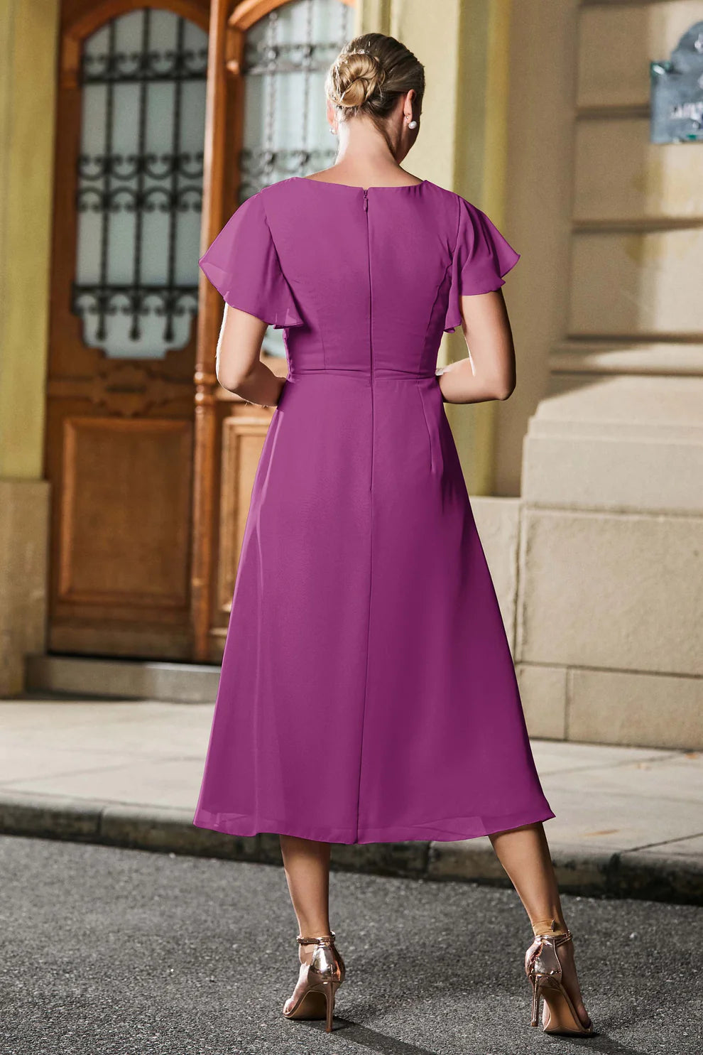 Flutter Sleeve A-Line V-Neck Chiffon Mother of the Bride Dress Midi Dress with Ruched Waist