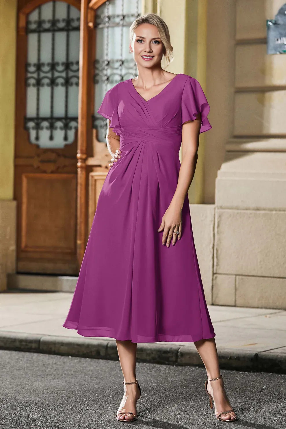 Flutter Sleeve A-Line V-Neck Chiffon Mother of the Bride Dress Midi Dress with Ruched Waist