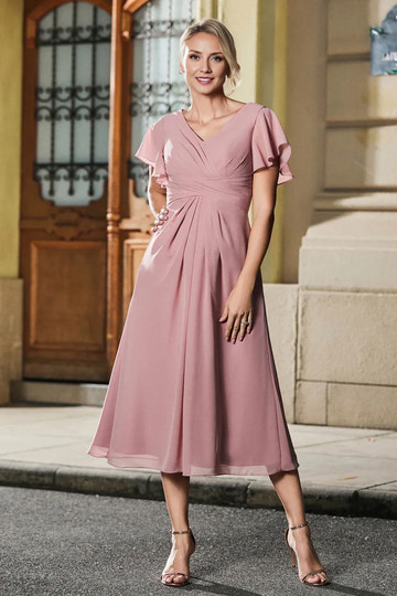 Flutter Sleeve A-Line V-Neck Chiffon Mother of the Bride Dress Midi Dress with Ruched Waist