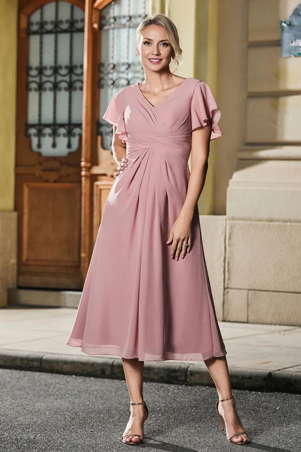 Flutter Sleeve A-Line V-Neck Chiffon Mother of the Bride Dress Midi Dress with Ruched Waist