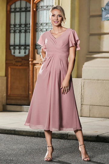 Flutter Sleeve A-Line V-Neck Chiffon Mother of the Bride Dress Midi Dress with Ruched Waist