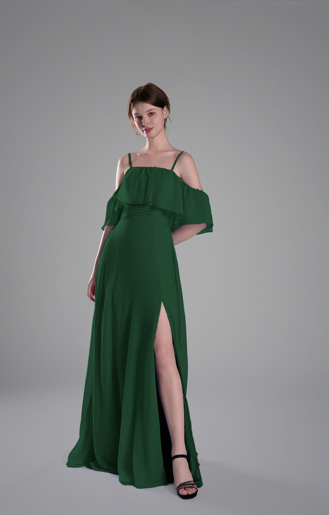 Elegant Off-the-Shoulder Chiffon Bridesmaid Dress with Ruffle Sleeves and Side Slit Floor-Length Evening Gown