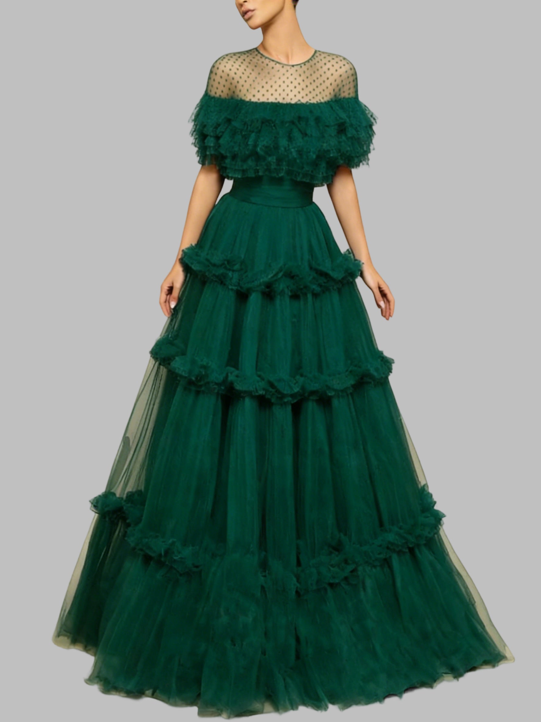 Vestidos de Fiesta de Princesa con Línea A Elegantes de Manga Corta Cuello Joya de Tul Formal con Pliegues y Volantes