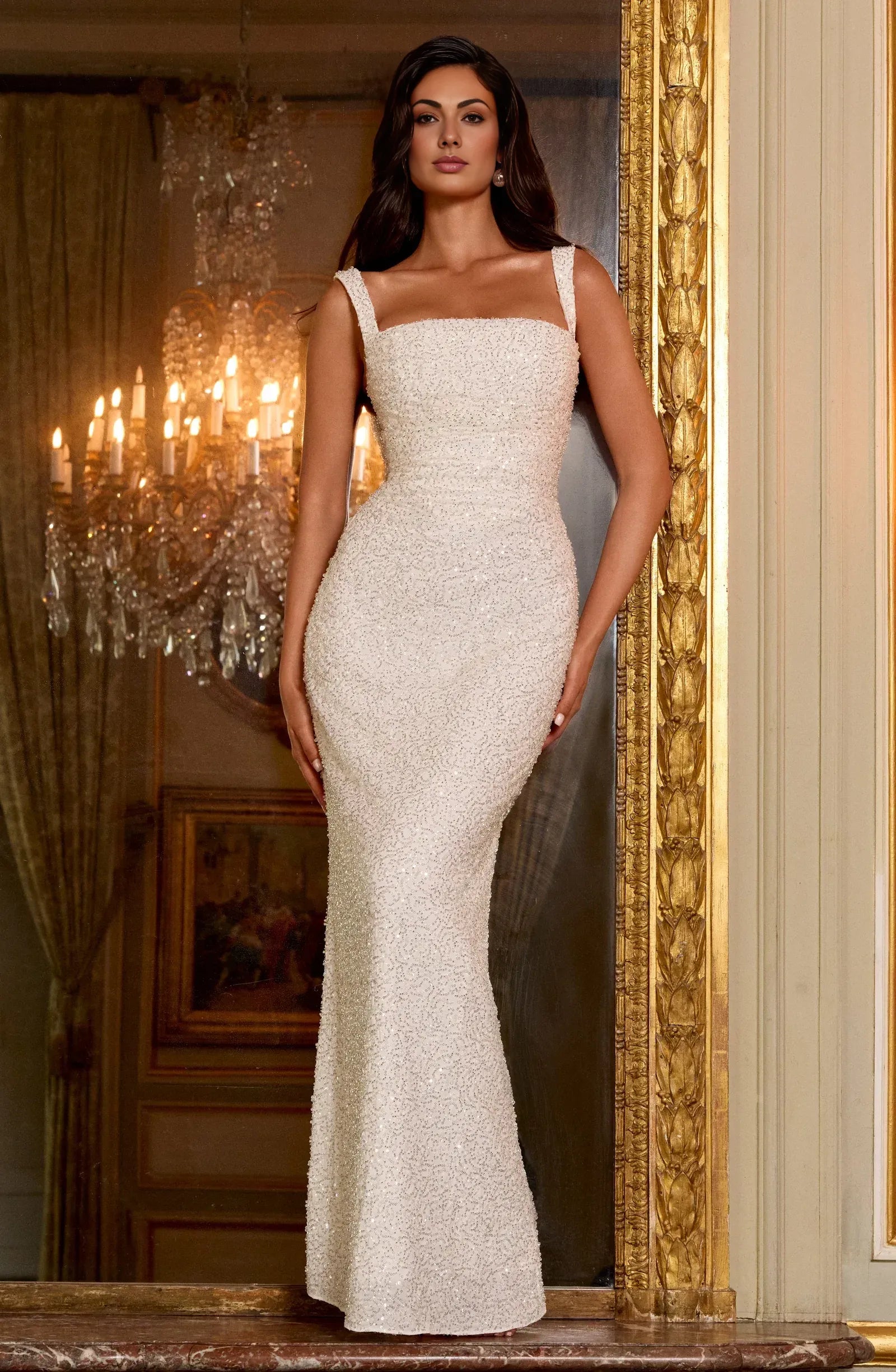 Form-Fitting Square Neck Sleeveless Sequin Floor Length Lace-Up Back Evening Dress