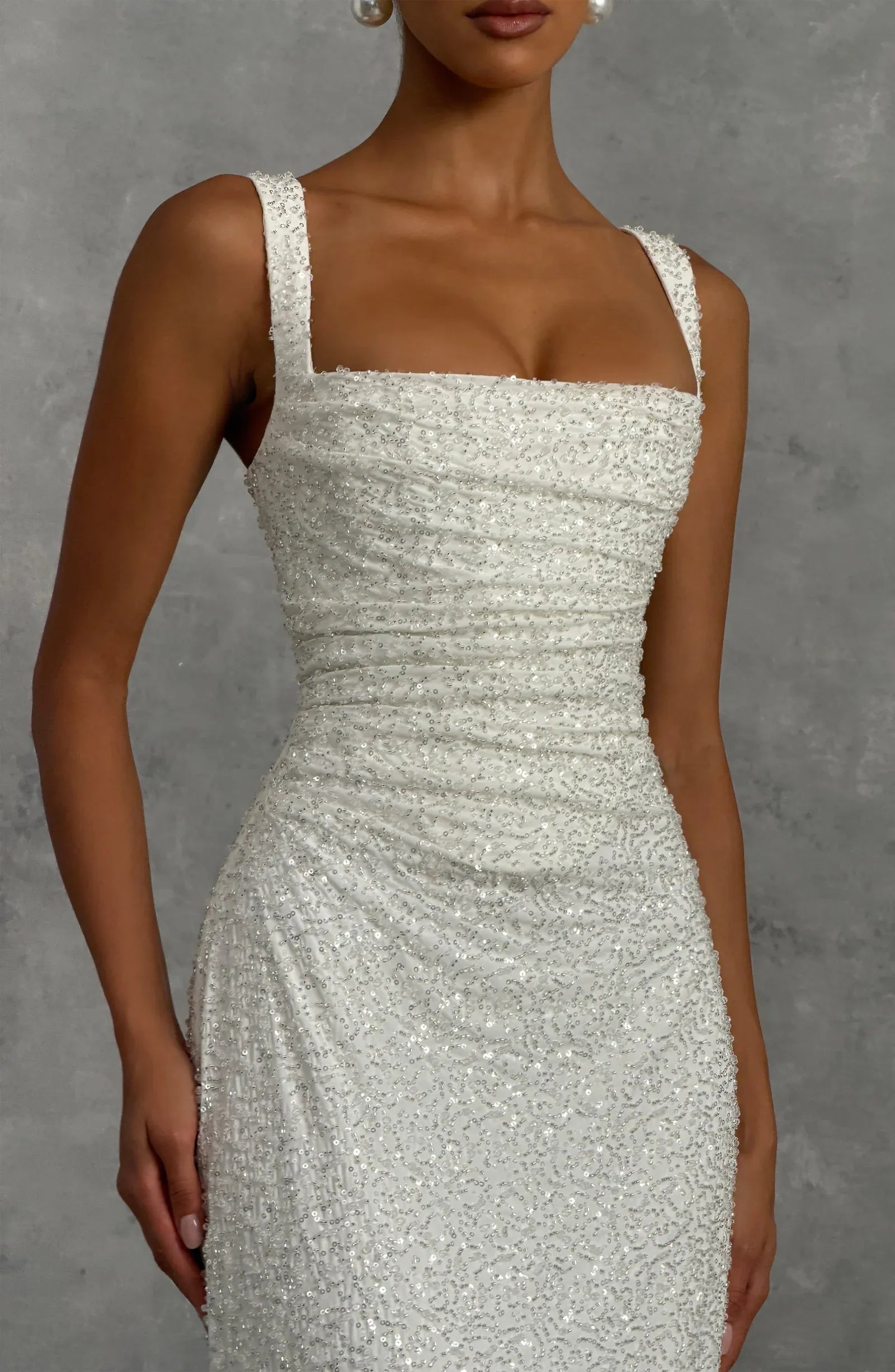 Form-Fitting Square Neck Sleeveless Sequin Floor Length Lace-Up Back Evening Dress