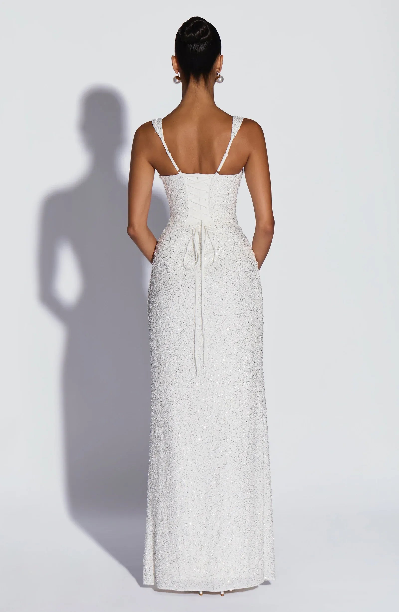 Form-Fitting Square Neck Sleeveless Sequin Floor Length Lace-Up Back Evening Dress