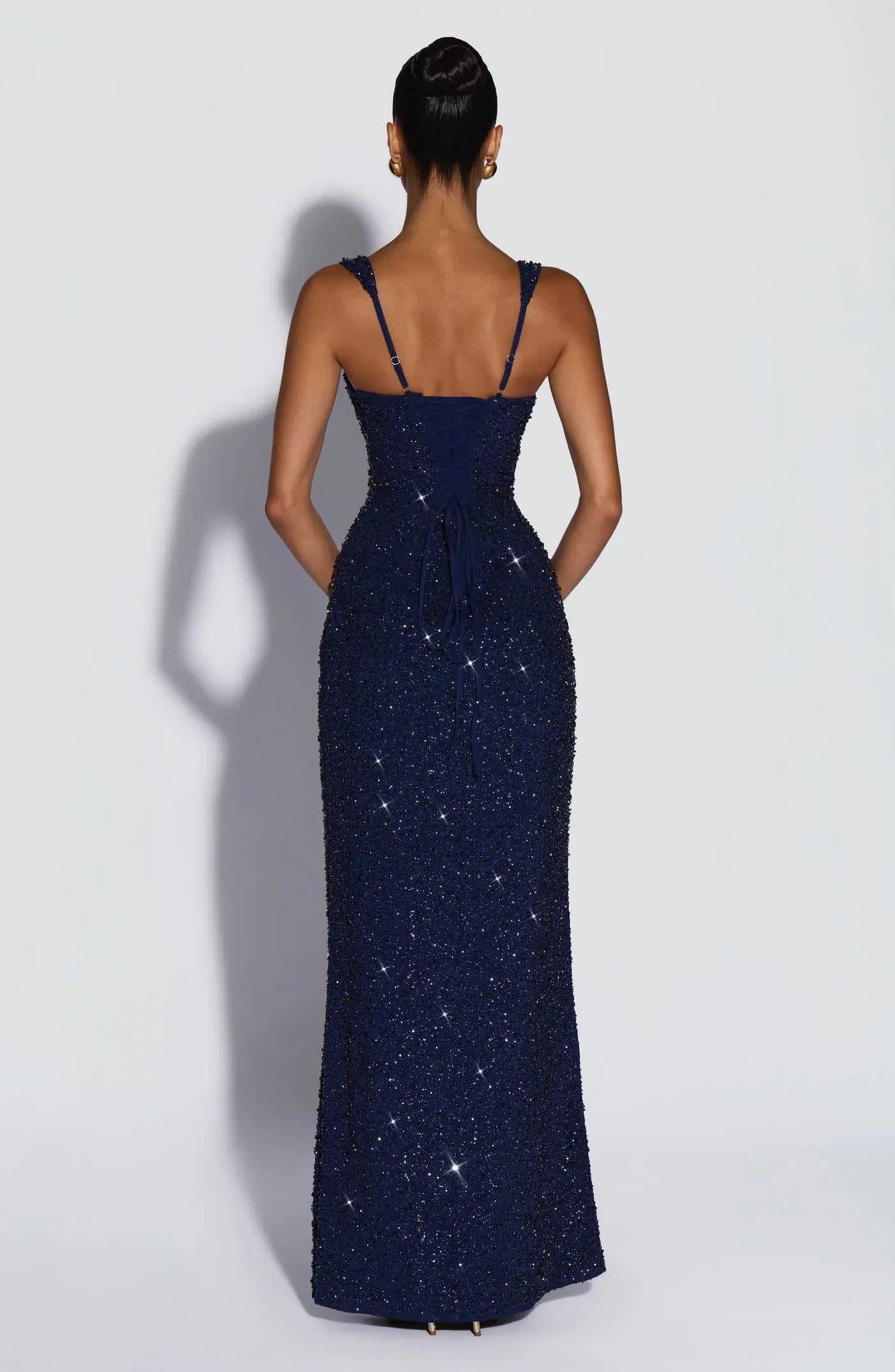 Form-Fitting Square Neck Sleeveless Sequin Floor Length Lace-Up Back Evening Dress
