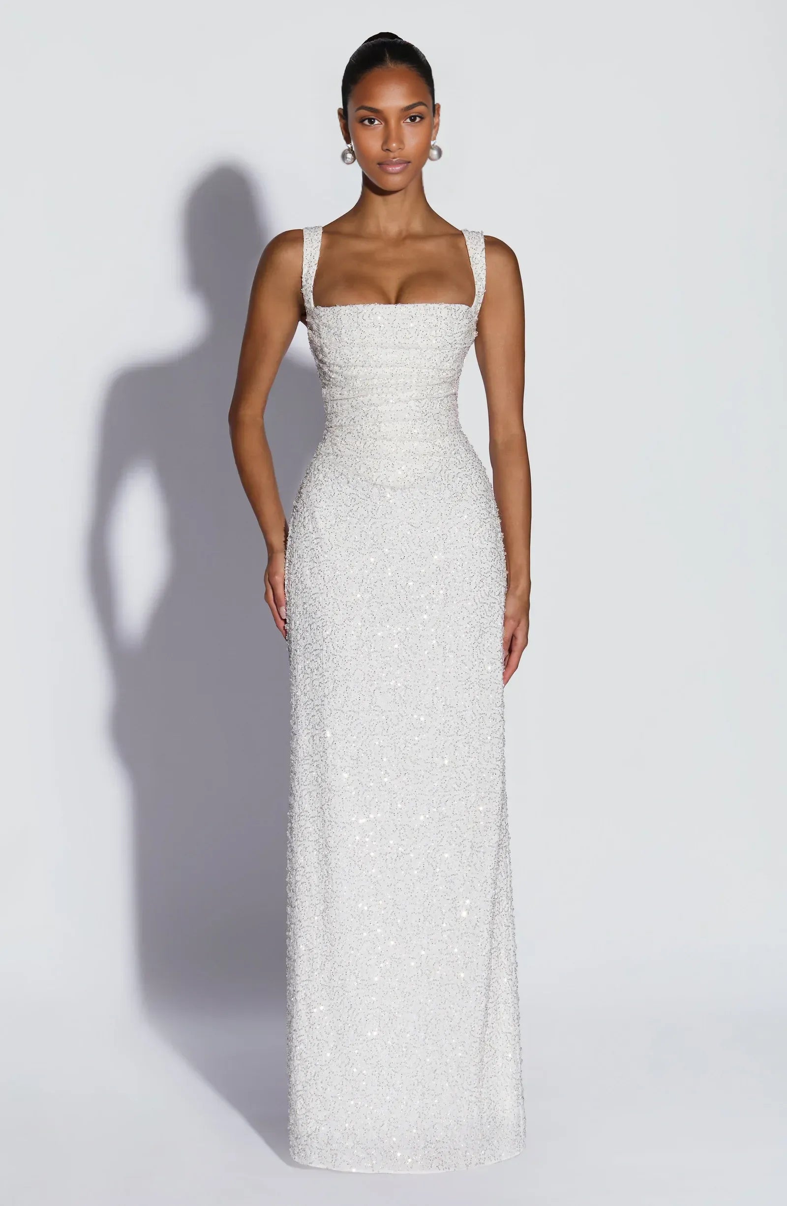 Form-Fitting Square Neck Sleeveless Sequin Floor Length Lace-Up Back Evening Dress