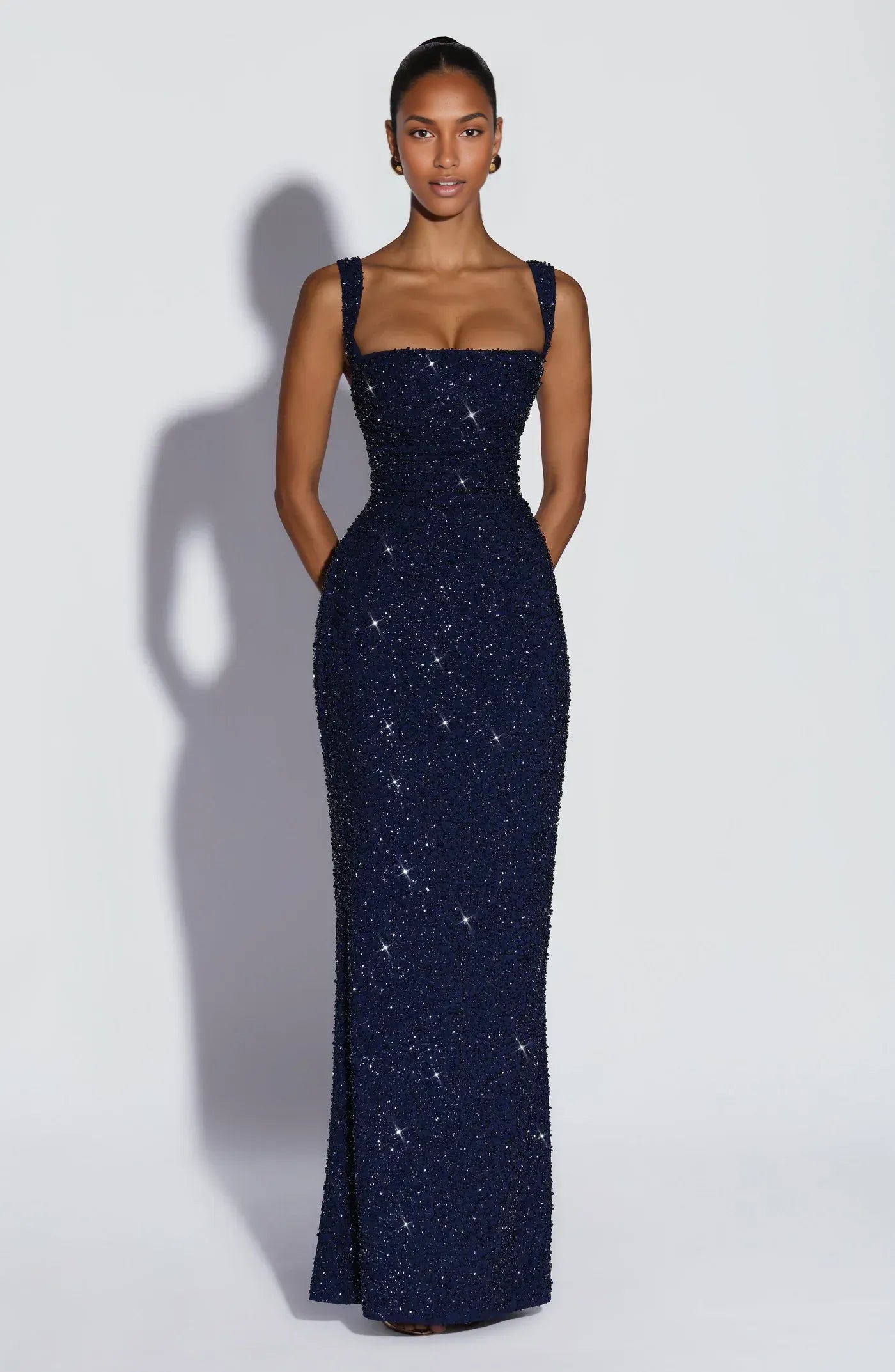 Form-Fitting Square Neck Sleeveless Sequin Floor Length Lace-Up Back Evening Dress