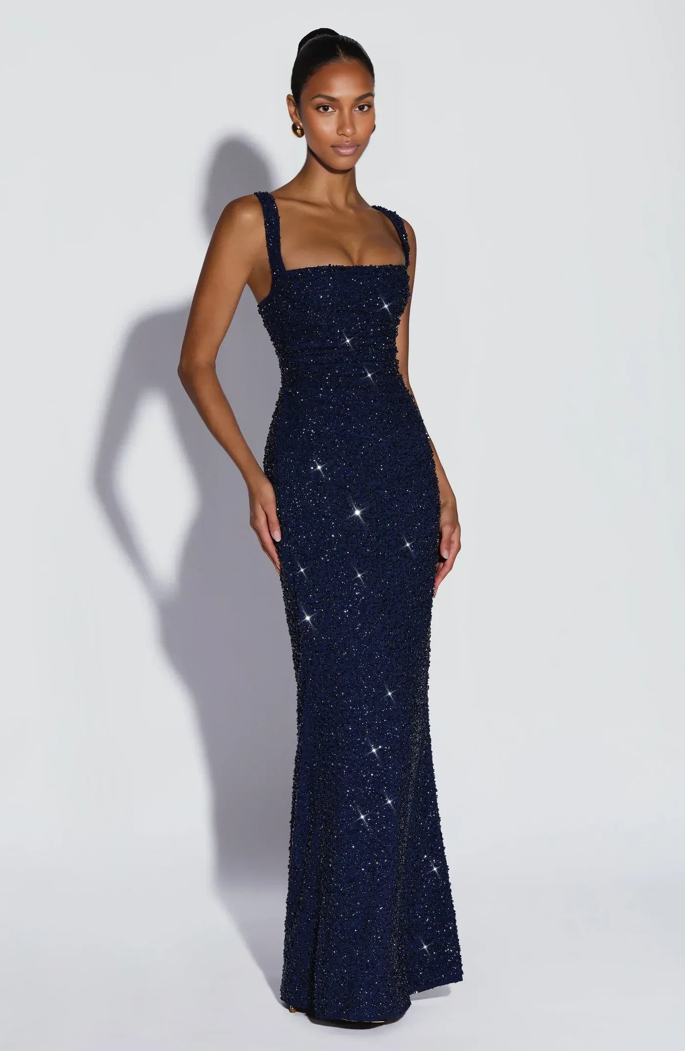 Form-Fitting Square Neck Sleeveless Sequin Floor Length Lace-Up Back Evening Dress