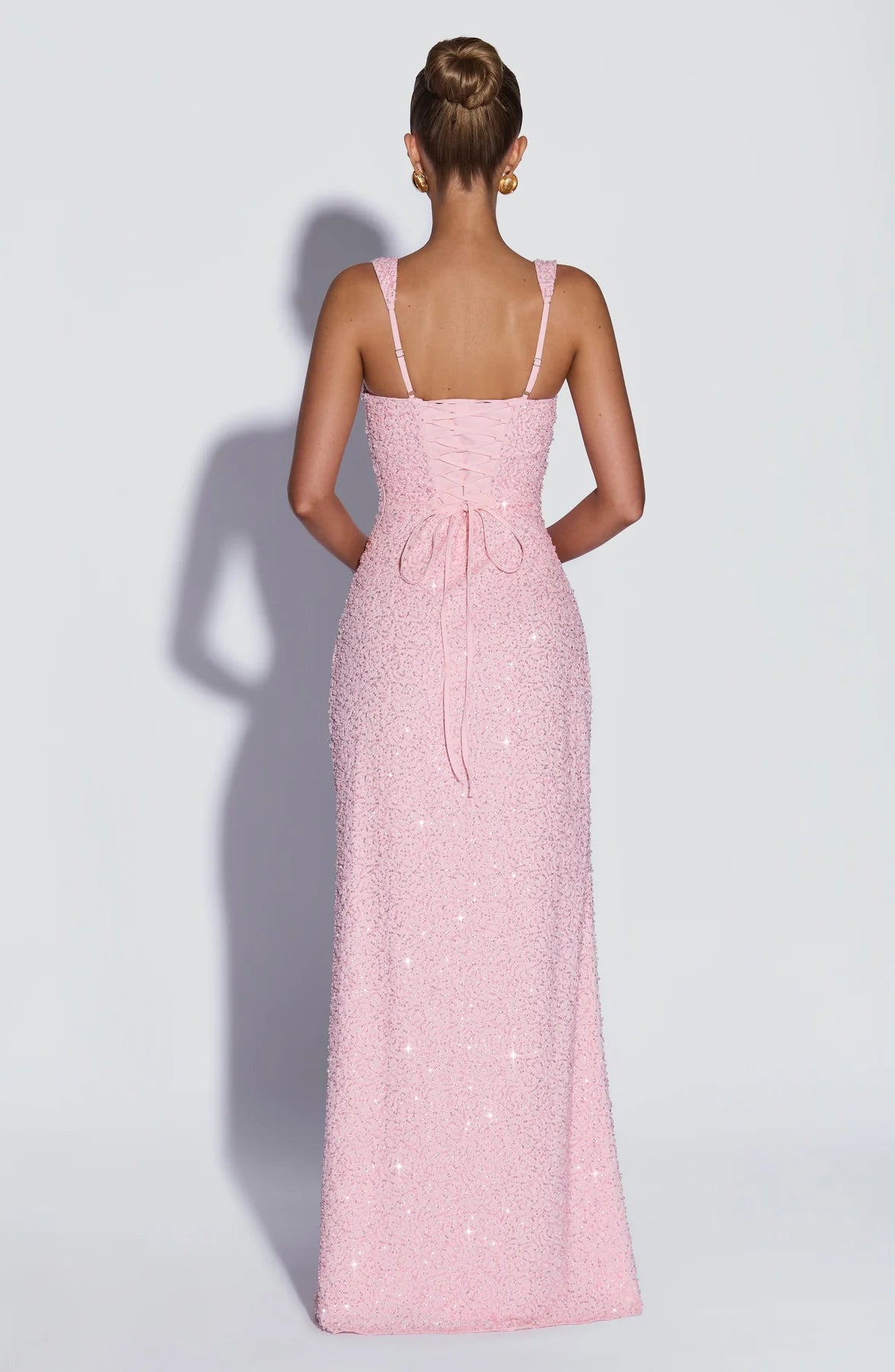 Form-Fitting Square Neck Sleeveless Sequin Floor Length Lace-Up Back Evening Dress