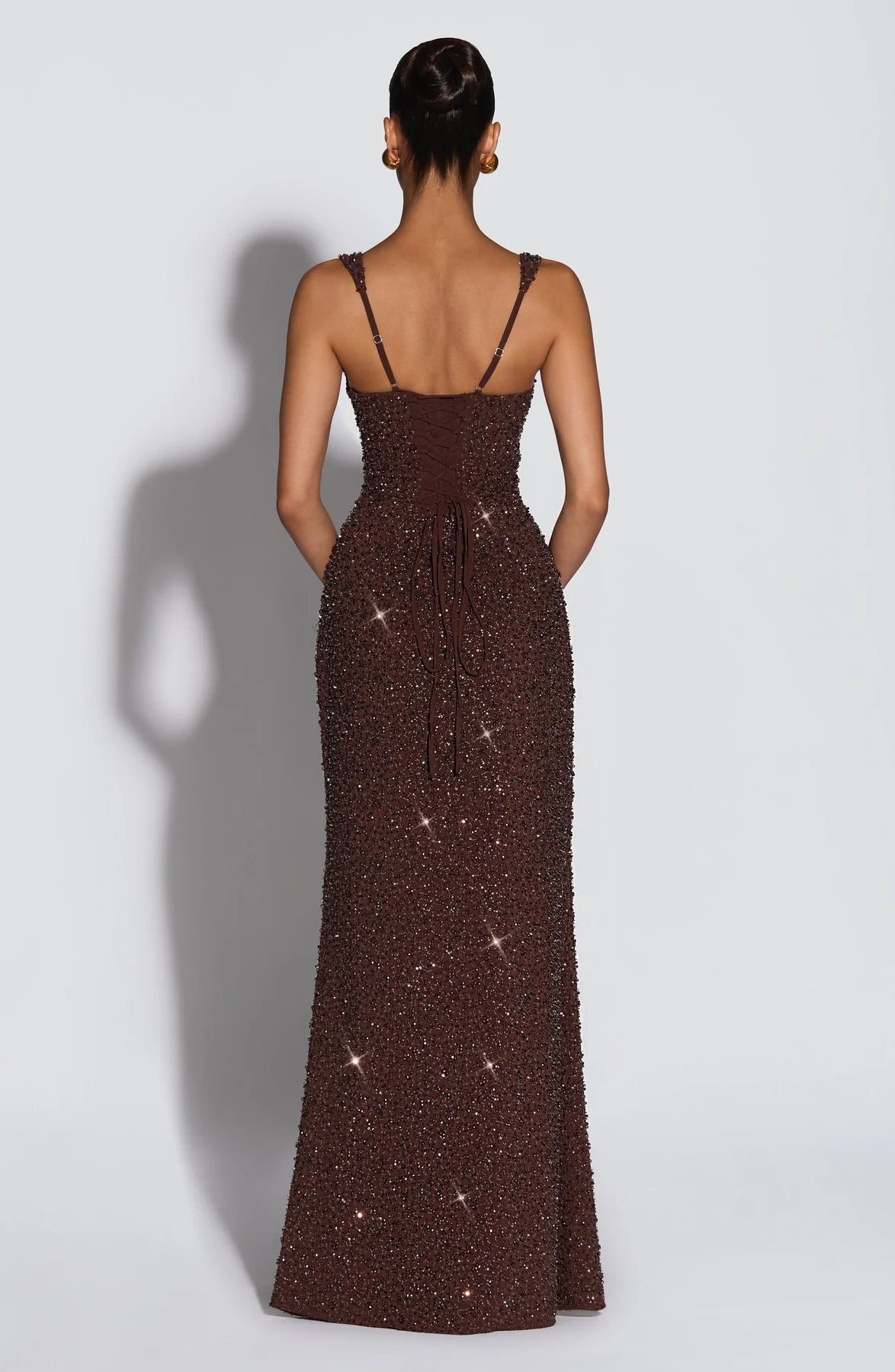 Form-Fitting Square Neck Sleeveless Sequin Floor Length Lace-Up Back Evening Dress