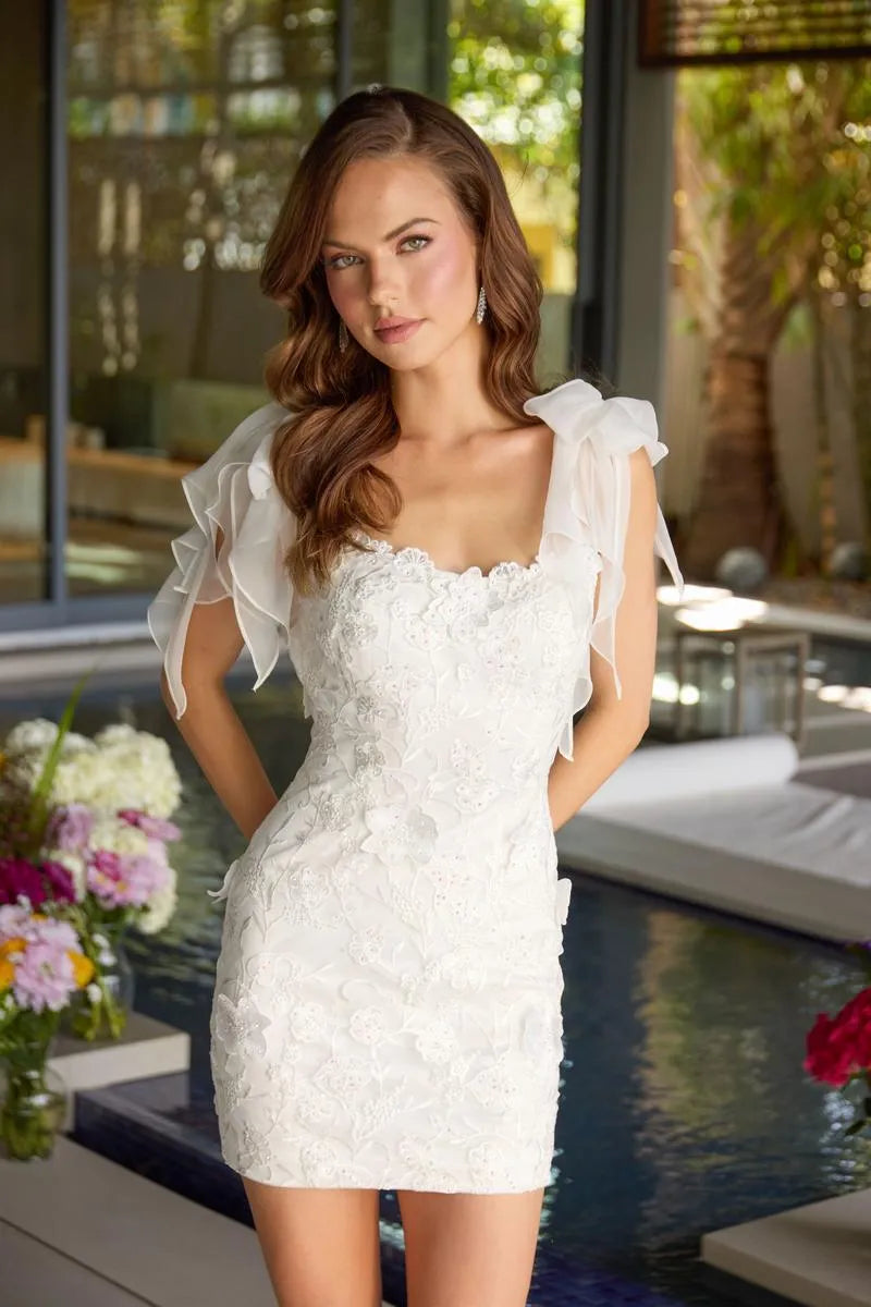Form-fitting Sheath Square Neck Bow Shoulder Embroidered Lace Mini Backless Homecoming Dress