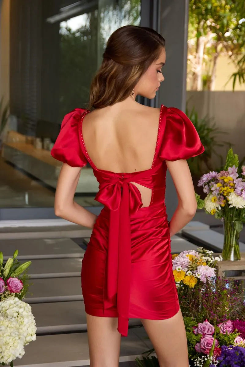 Form-fitting Sheath Square Neck Puff Sleeve Satin Mini Dress with Beaded Trim