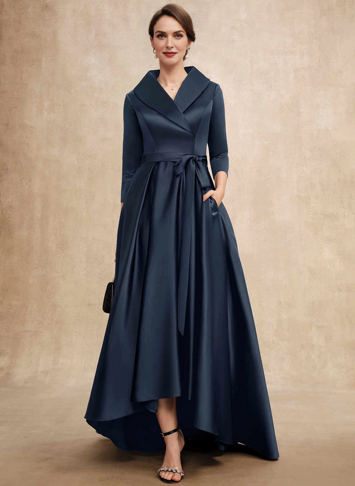 Vedress Navy Lapel V‑Neck Satin High‑Low Mother Dress Front View