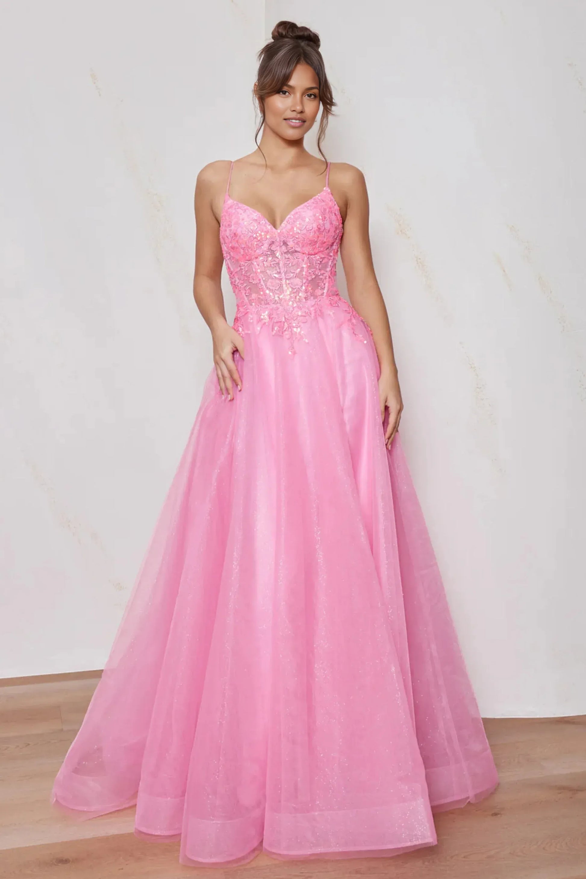 A-Line Sweetheart Spaghetti Strap Glitter Tulle Floral Sequin Lace Applique Corset Prom Gown