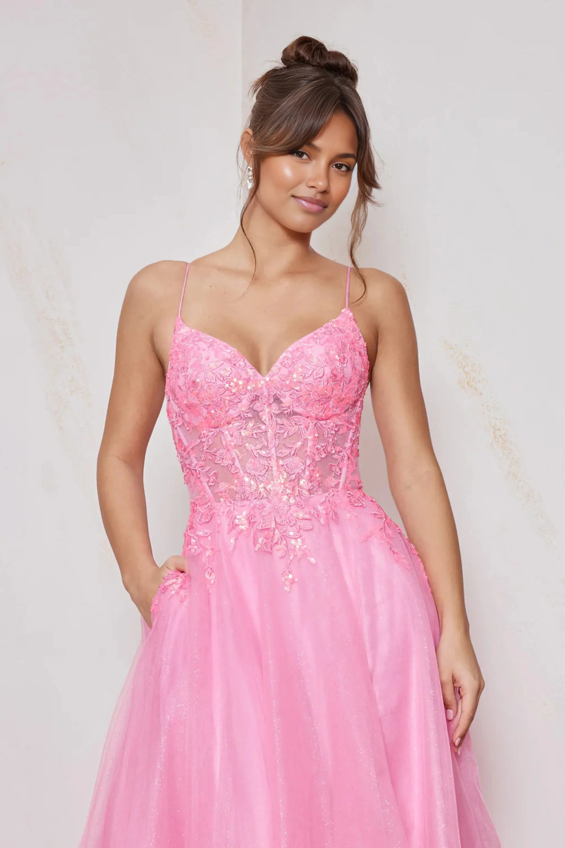 A-Line Sweetheart Spaghetti Strap Glitter Tulle Floral Sequin Lace Applique Corset Prom Gown