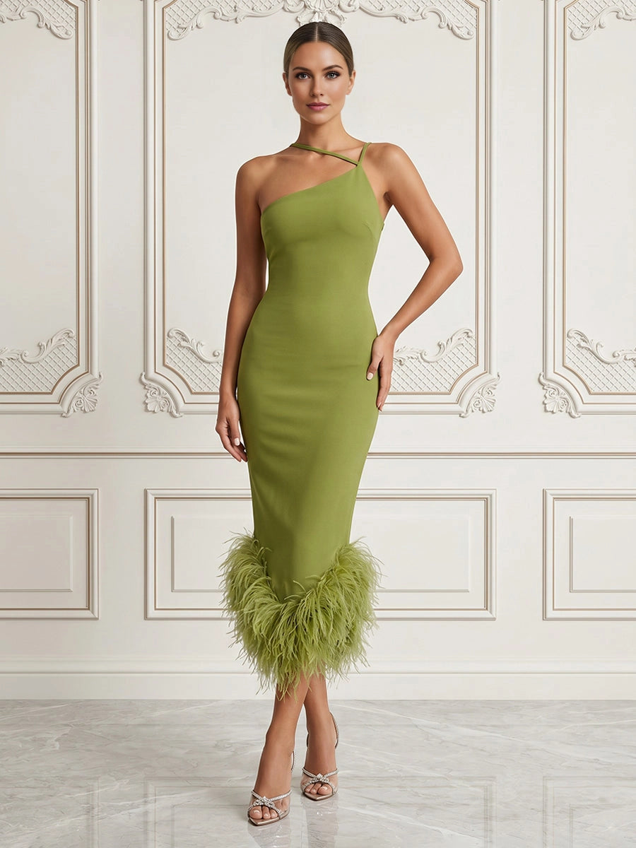 vedress green sheath midi prom dress one shoulder spaghetti strap feather hem formal cocktail gown