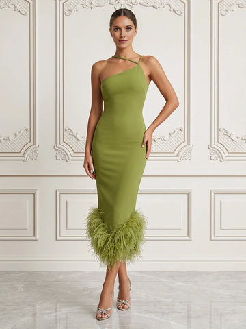 vedress green sheath midi prom dress one shoulder spaghetti strap feather hem formal cocktail gown