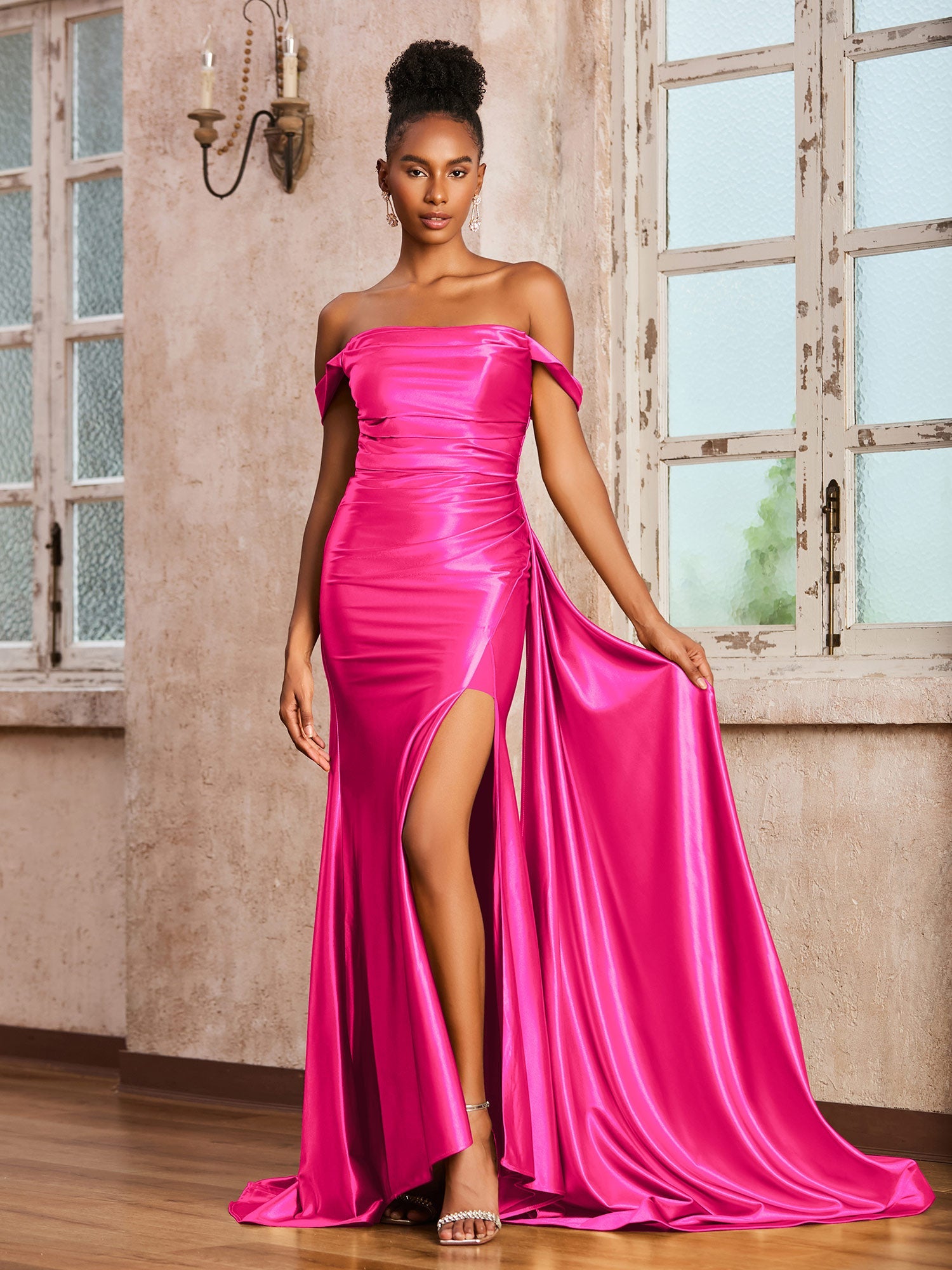 Satin Off-the-Shoulder Formal Gown Ruched Bodice High Slit Mermaid Maxi Dress with Sweep Train for Wedding Guest and Evening Events