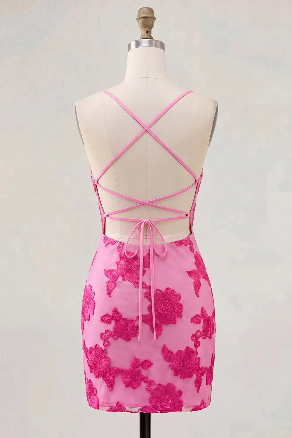 Floral Embroidered Lace Spaghetti Strap V-Neck Crisscross Lace-Up Back Bodycon Mini Homecoming Dress