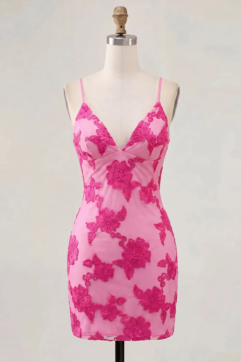 Floral Embroidered Lace Spaghetti Strap V-Neck Crisscross Lace-Up Back Bodycon Mini Homecoming Dress
