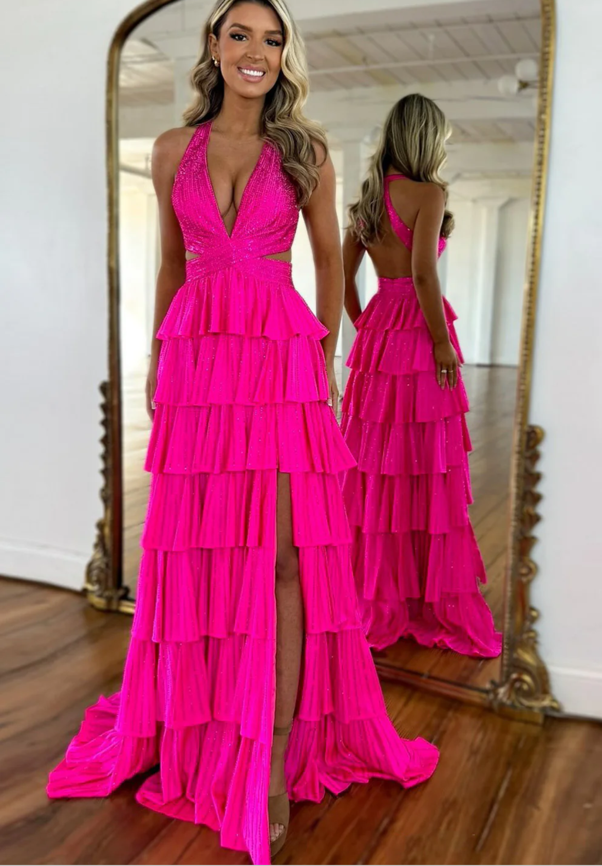 Vestido de fiesta de noche largo con abalorios, línea A, cuello halter, capas, brillante, espalda descubierta y abertura alta