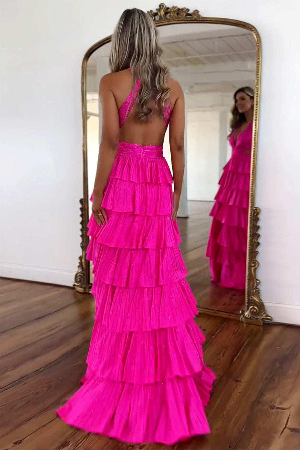 Vestido de fiesta de noche largo con abalorios, línea A, cuello halter, capas, brillante, espalda descubierta y abertura alta
