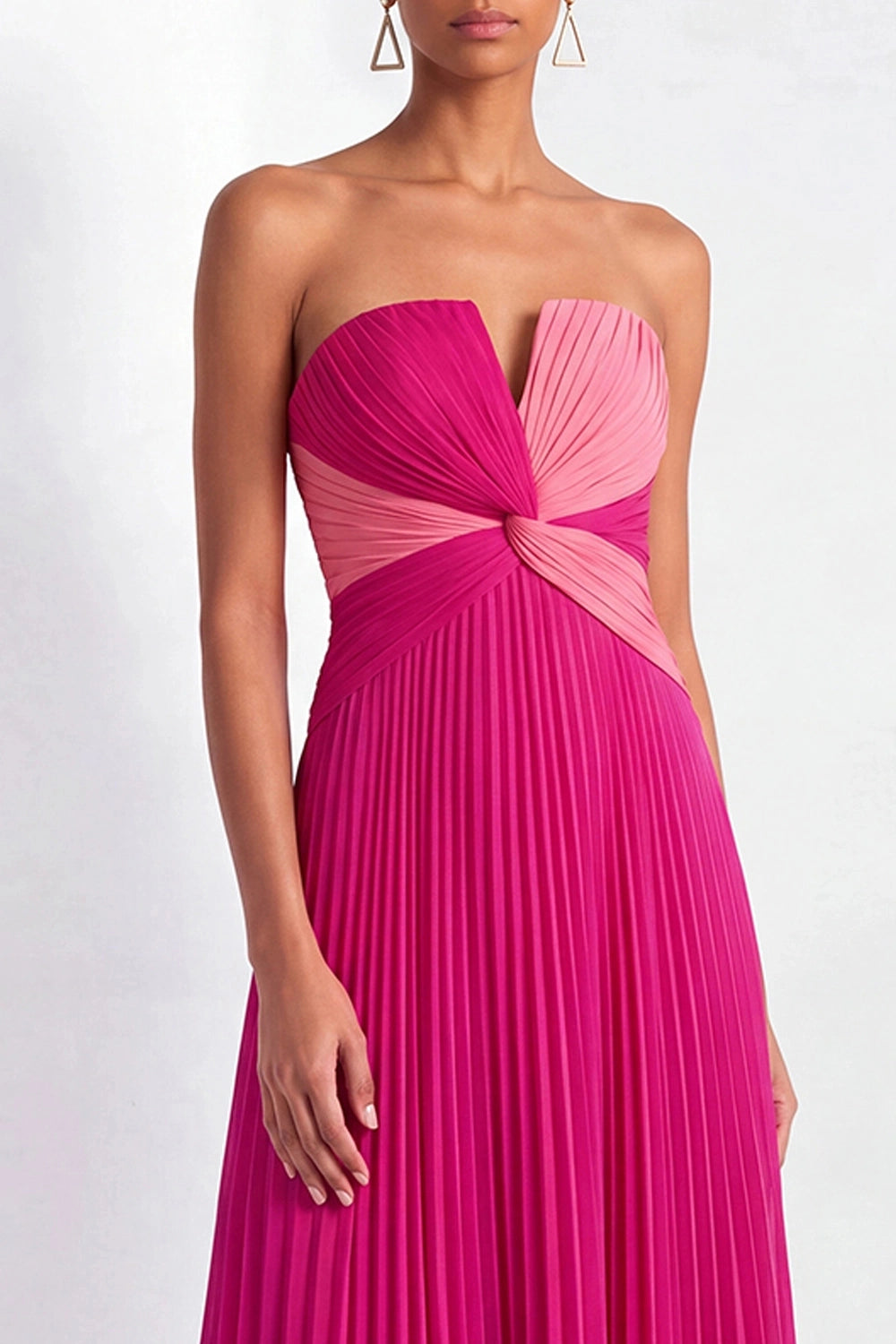 Fuchsia Colorblock A Line Strapless Twist Open Back Maxi Bridesmaid Gown Vedress