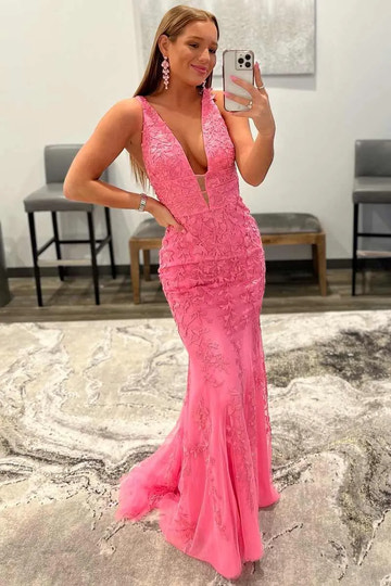 Vestido largo de fiesta rosa fucsia con encaje, escote en V profundo, sin mangas y sin espalda, corte sirena