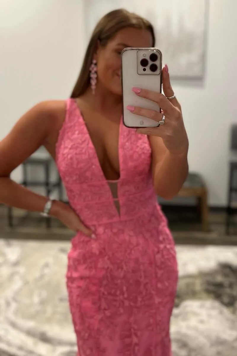 Vestido largo de fiesta rosa fucsia con encaje, escote en V profundo, sin mangas y sin espalda, corte sirena