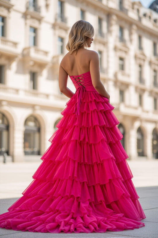 A line Tiered Keyhole Strapless Sweetheart Long Prom Dress Chiffon High Slit Formal Evening Dress