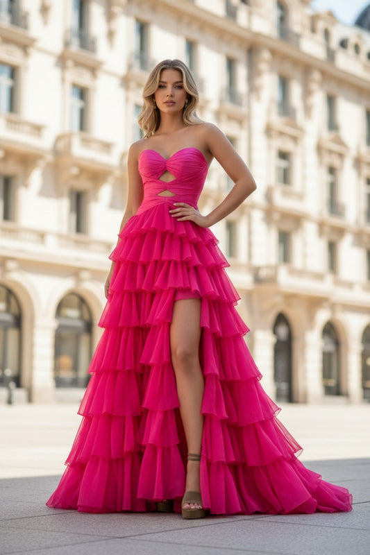 A line Tiered Keyhole Strapless Sweetheart Long Prom Dress Chiffon High Slit Formal Evening Dress