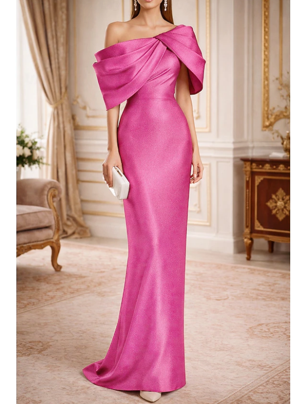 Elegant Glittering Mermaid One Shoulder Taffeta Cowl Back with Bow(s) Ruched Formal Evening Gown