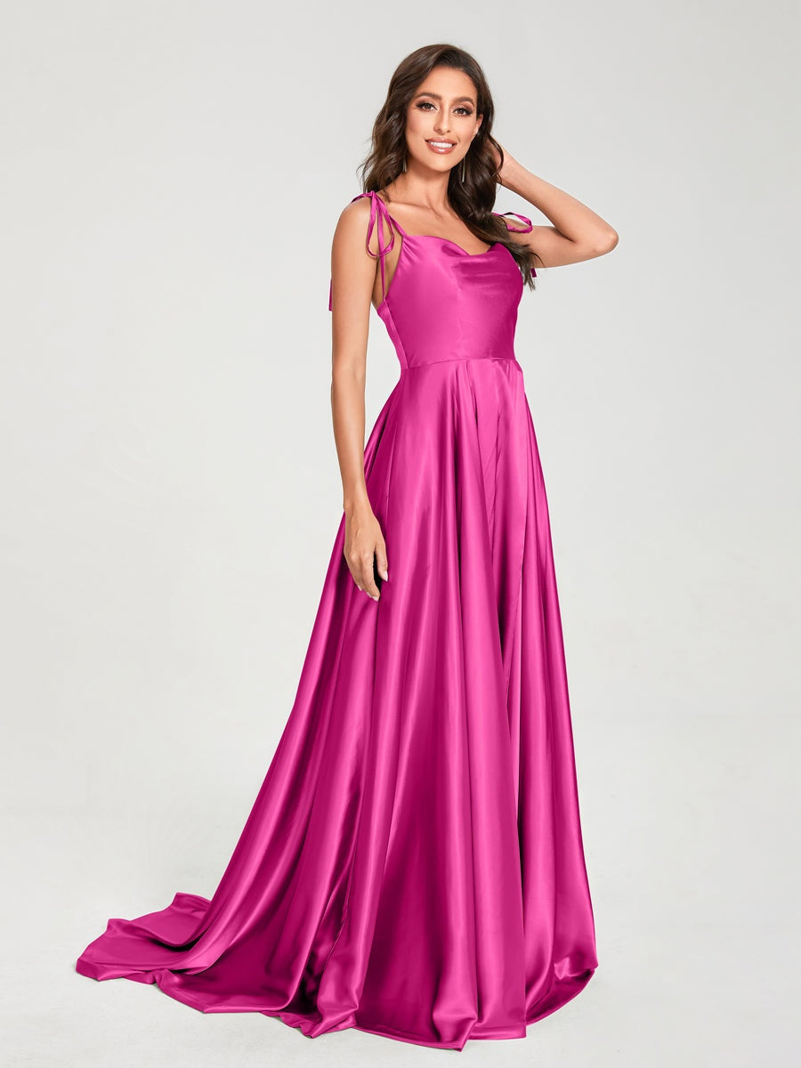 A-Line/Princess Spaghetti Straps Sleeveless Formal Evening Gown Floor-Length Bridemaid Dresses with Split Side